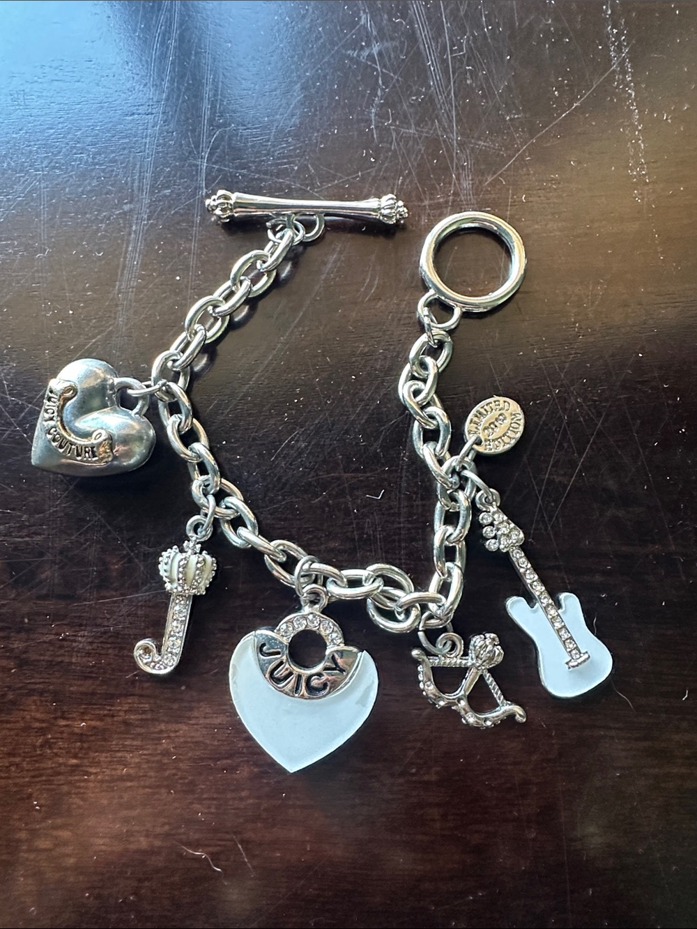 Silver-Tone Charm Keychain with Heart, Guitar & Initial Charms
